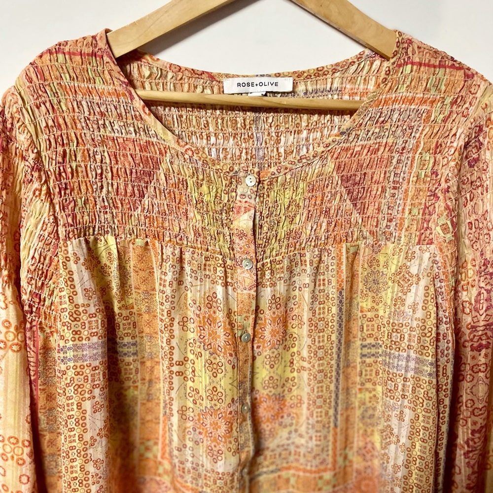 Rose + Olive boho sheered flowy button down long sleeve peasant top #40A - Picture 2 of 5